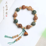 Weathered White Jade Carved Lotus Bodhi Root Bracelet